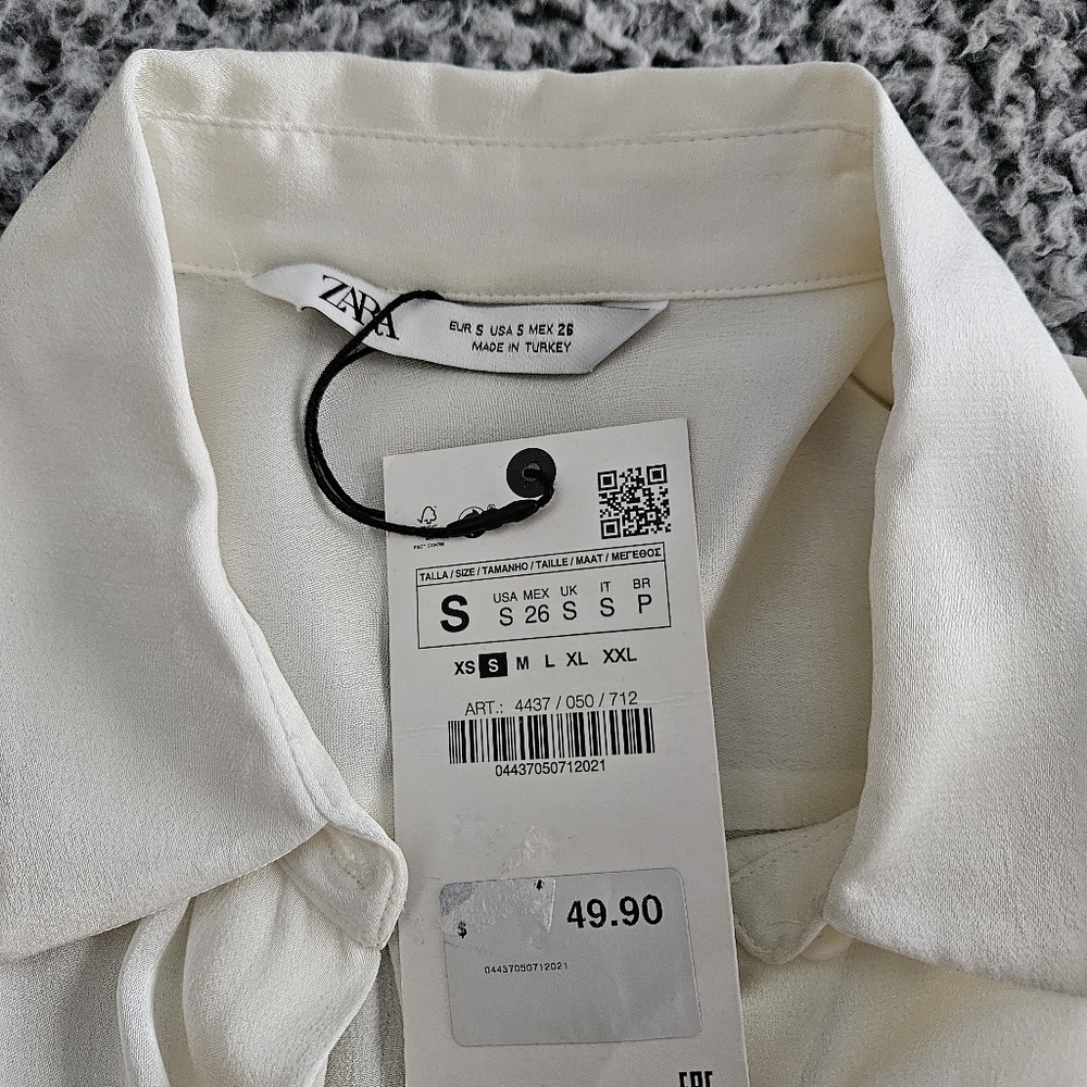 Zara Off White Satin Button Up Shirt S Small Long Sleeve Blouse Office Women's - Picture 4 of 13